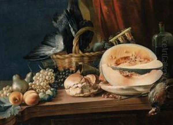 A Melon, A Bread Roll, Bunches 
Of Grapes, Pears And Other Fruit,chestnuts, A Bottle And A Basket Of 
Dead Songbirds On A Table Oil Painting by Jean Valette-Falgores