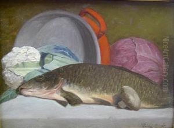 Still Life Of Fish And Vegetables Oil Painting by Janos Pentelei-Molnar