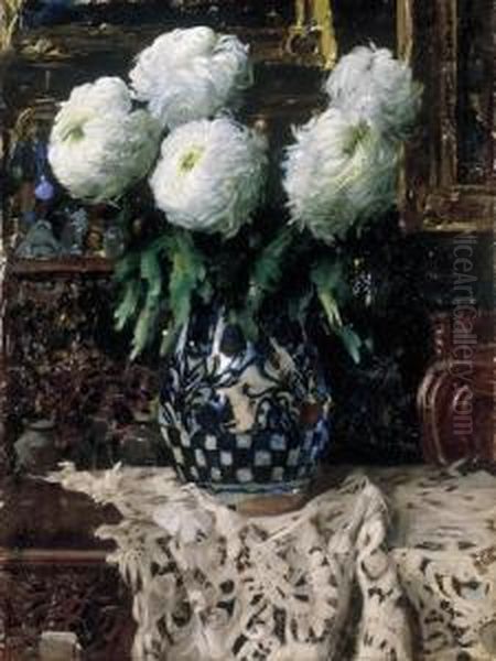 Still Life With Chrysanthemums Oil Painting by Janos Pentelei-Molnar