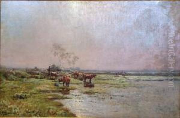 Vaches A La Mare Oil Painting by Paul Emmanuel Peraire