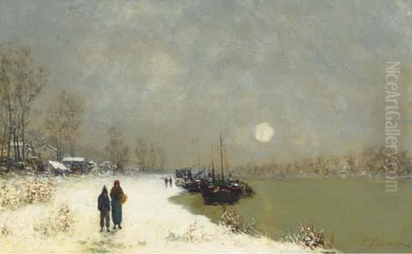 Figures Along A Riverside In Winter Oil Painting by Paul Emmanuel Peraire