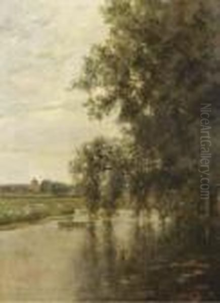 A Figure On A Boat In A River Landscape Oil Painting by Paul Emmanuel Peraire