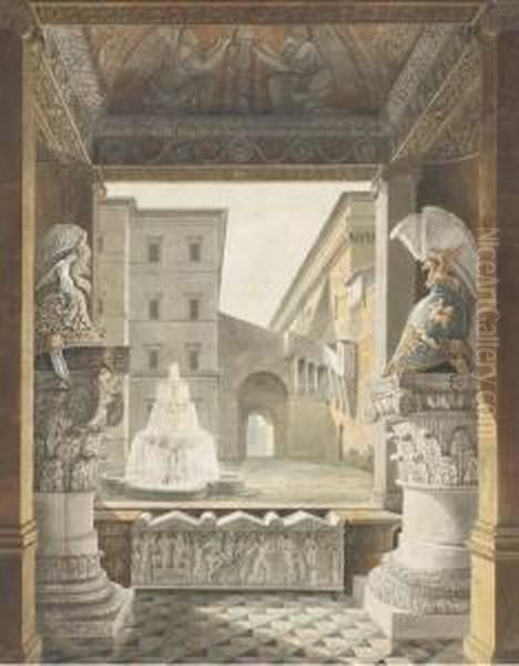 A Roman Courtyard Seen From A 
Loggia Decorated With Antique Helmetson Composite Columns And A 
Sarcophagus Oil Painting by Charles Percier