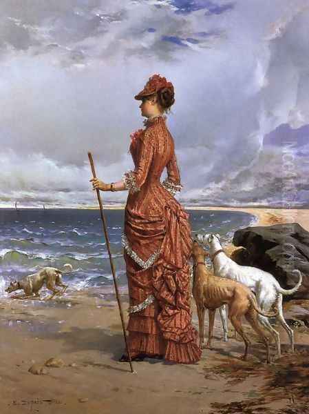 Elegant Lady Walking Her Greyhounds on the Beach Oil Painting by Edmond-Louis Dupain