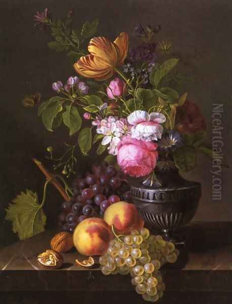 Still Life with Flowers, Peaches and Grapes Oil Painting by Jean-Baptiste Desprest