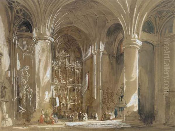 View Of The Interior Of Santa Maria Del Funchal, Madeira Oil Painting by Genaro Perez Villaamil