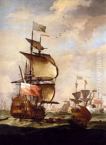 The English Fleet At Sea Oil Painting by Adriaen Van Diest