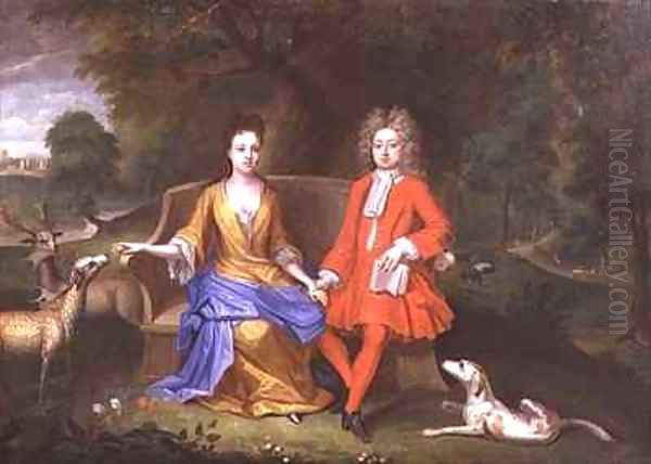 Portrait of Sir Charles Shuckburgh and his wife Diana with Shuckburgh Hall Warwickshire in the background Oil Painting by Adriaen Van Diest