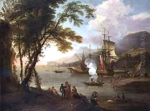 A capriccio of a Mediterranean harbour with shipping merchants and dockhands Oil Painting by Adriaen Van Diest