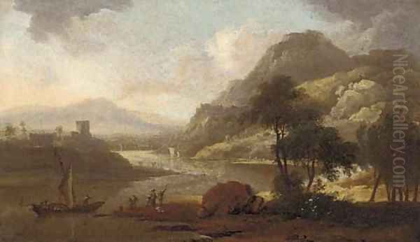 A Rhenish river landscape with figures by a boat Oil Painting by Adriaen Van Diest