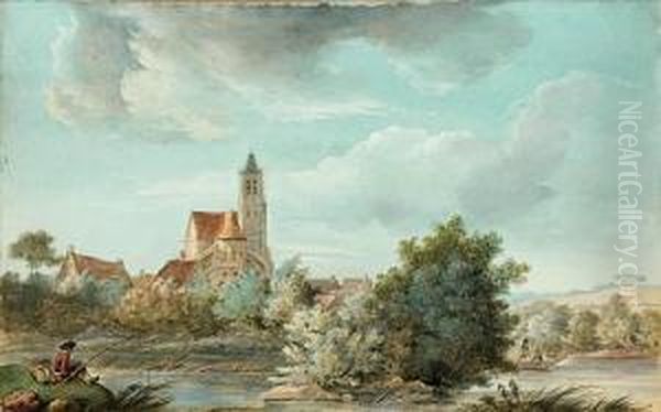 Paysage Anime Au Pecheur Devant Une Eglise Oil Painting by Alexis Nicolas Perignon