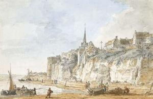 Un Village Fortifie Au Bord 
D'une Falaise Surplombant La Mer, Des Pecheurs Au Premier Plan Oil Painting by Alexis Nicolas Perignon