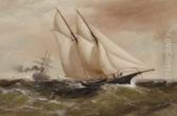 A Schooner Yacht In Rough Seas With Other Shipping In The Distance Oil Painting by Granville Perkins