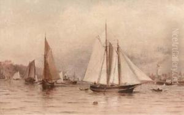 Fishing Boats And Other Shipping
 On The Hudson With A View Of The New York And The Bluffs Oil Painting by Granville Perkins