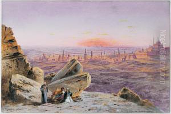 Vue Du Caire, Les Pyramides De 
Gizeh A L'arriere Plan Bords Du Nil Avec Les Pyramides De Gizeh Oil Painting by Friedrich Perlberg