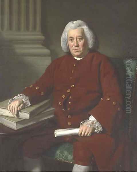 Portrait of Robert Marsh of the East India Company, three-quarter-length, seated at a table in a brown coat with lace cuffs Oil Painting by Sir Nathaniel Dance-Holland