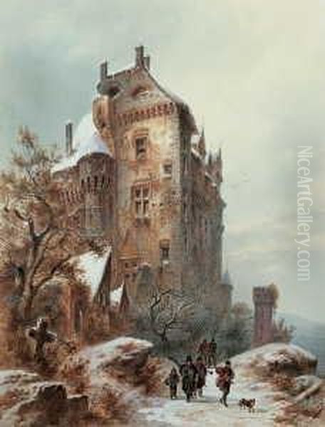 Winterlandschaft Mit Musikanten Vor Einer Burg. Oil Painting by Friedrich Perlberg