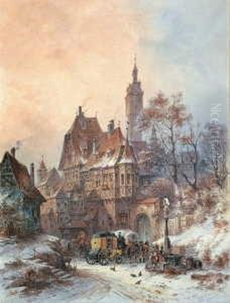 Postkutsche In Einer Verschneiten Stadt. Oil Painting by Friedrich Perlberg