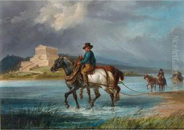 Horses Towing A Ship Along A River, A Classical Temple In The Distance Oil Painting by Friedrich Perlberg