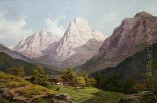 Gebirgslandschaft Mit Bergbauernhof Oil Painting by Friedrich Perlberg