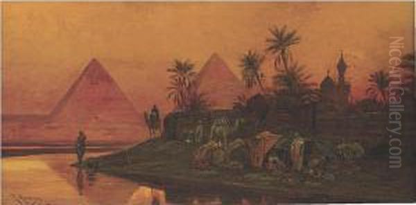 Sunset Over The Pyramids Oil Painting by Friedrich Perlberg