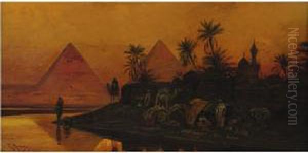 Sunset Over The Pyramids Oil Painting by Friedrich Perlberg