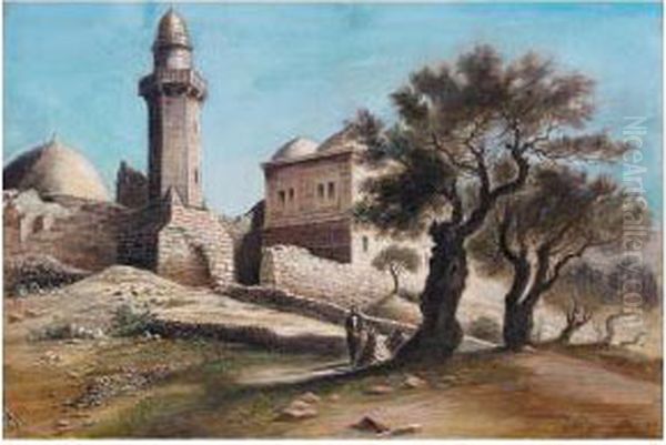 Figures Under A Tree By The City Walls, Jerusalem Oil Painting by Friedrich Perlberg