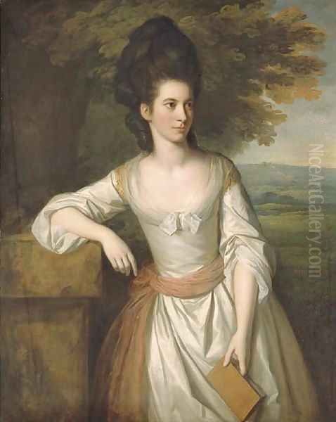 Portrait of Mrs. Vere, three-quarter-length, in a white dress with a pink sash, holding a book in her left hand, with a landscape beyond Oil Painting by Sir Nathaniel Dance-Holland