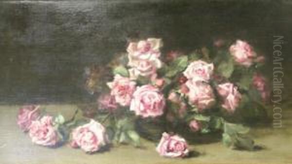 Still Life Of Pink Roses Oil Painting by Louise Ellen Perman