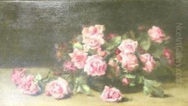 Stilllife Of Pink Roses Oil Painting by Louise Ellen Perman