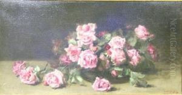 A Still Life Of Pink Roses Oil Painting by Louise Ellen Perman