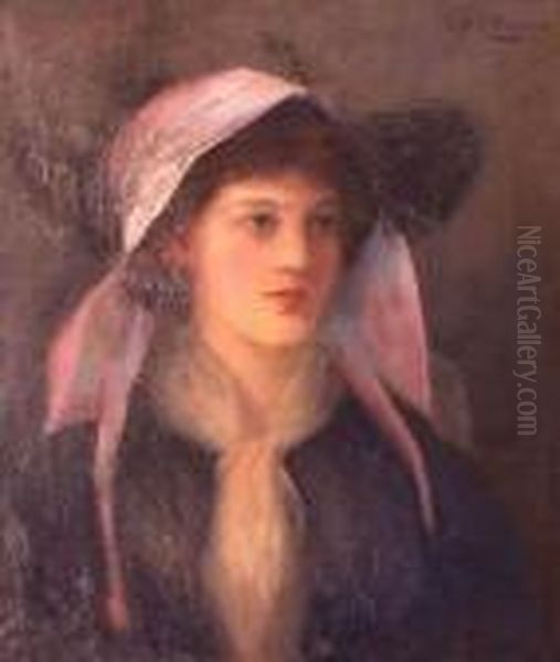 Portrait Of A Young Lady In Lilac Head-dress Oil Painting by Louise Ellen Perman