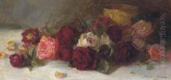 Still Life Of Roses By A Gold Bowl Oil Painting by Louise Ellen Perman