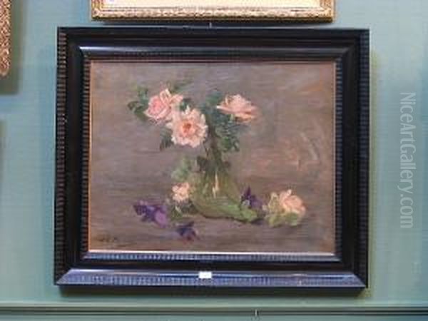 Pink Roses In A Glass Vase Oil Painting by Louise Ellen Perman