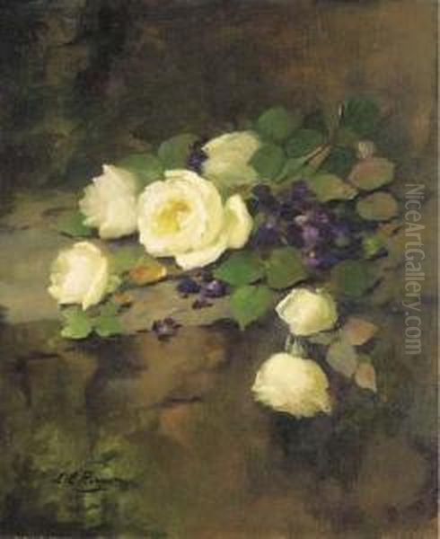 White Roses And Violets Oil Painting by Louise Ellen Perman