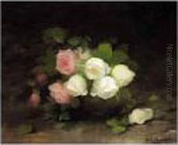 Still Life With White And Pink Roses Oil Painting by Louise Ellen Perman