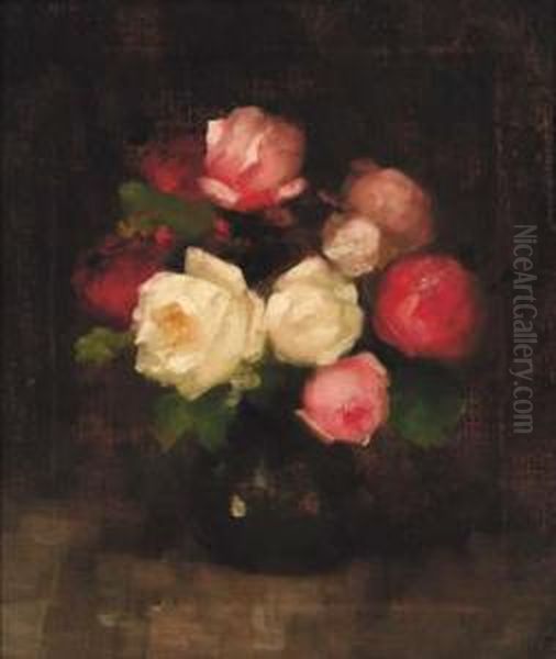 Pink And Red Roses In A Vase Oil Painting by Louise Ellen Perman