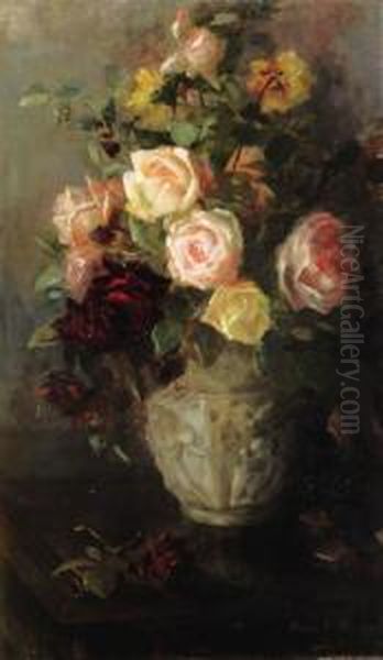 Still Life With Pink, Yellow And Red Roses In A Vase Oil Painting by Louise Ellen Perman