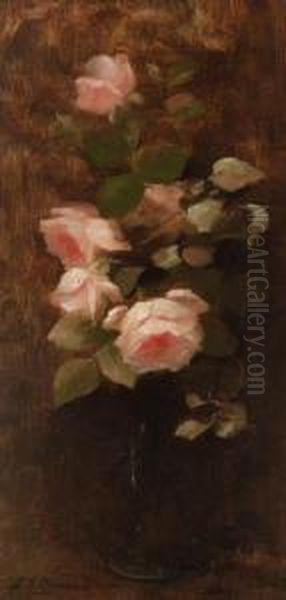 Still Life With Pink Roses In A Vase Oil Painting by Louise Ellen Perman