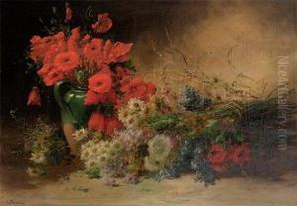 Bouquet De Fleurs Aux Coquelicots Sur Toile Sur D'origine Oil Painting by Andre Perrachon