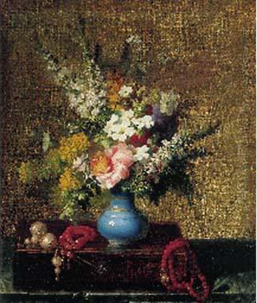 Vase De Fleurs Et Bijoux Sur Un Coffret Oil Painting by Andre Perrachon