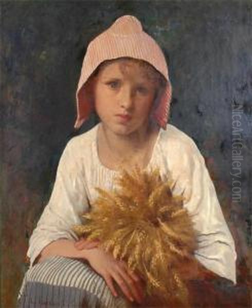 Portrait Of A Pretty Young Girl, Carrying A Sheaf Of Corn Oil Painting by Leon-Jean-Basile Perrault