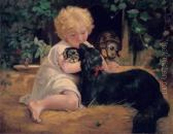 Jeune Enfant Et Ses Chiens Oil Painting by Leon-Jean-Basile Perrault