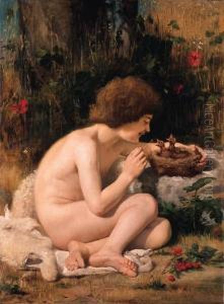 A Young Shepherd Feeding Baby Chicks Oil Painting by Leon-Jean-Basile Perrault