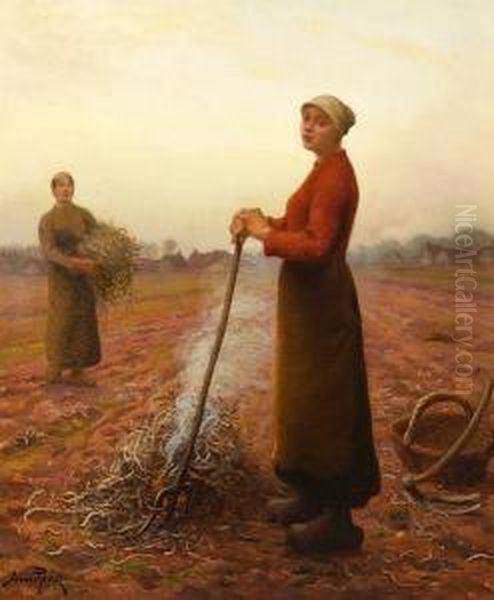 Peasant Girls In The Fields Oil Painting by Aime Perret