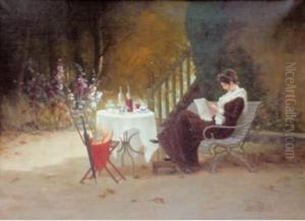 La Lecture Sur Le Banc. Oil Painting by Aime Perret