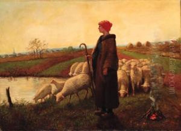 A Shepherdess With Her Flock Oil Painting by Aime Perret