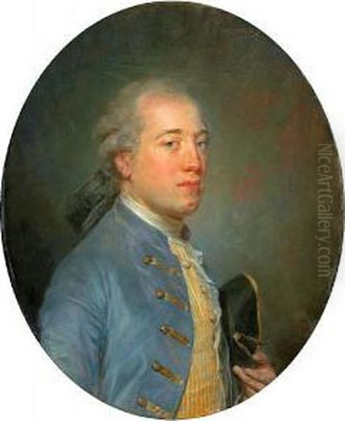 A Portrait Of A Gentleman, Half-length,wearing A Blue Coat And Holding His Hat Oil Painting by Jean-Baptiste Perronneau