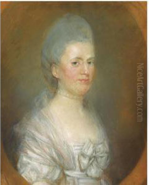 Portrait Of A Lady, Said To Be 
Madame D'aubonton, Half Length,wearing A White Dress And A Pearl 
Necklace, In A Drawn Oval Oil Painting by Jean-Baptiste Perronneau