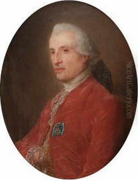 Portrait Of A Gentleman, Said To
 Be Charles Le Normant Du Coudray, Seated Half-length, In A Red Coat And
 Gold Brocade Waistcoat Oil Painting by Jean-Baptiste Perronneau